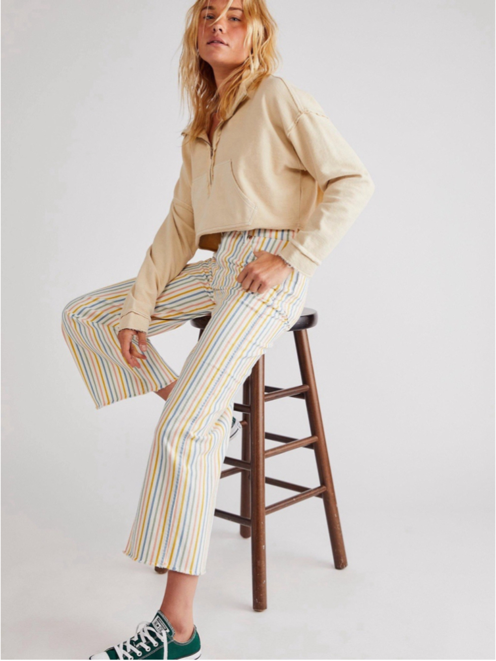Free People x Wrangler World Wide Crop 662 Jeans 30x26 Raw Hem Pastel Striped